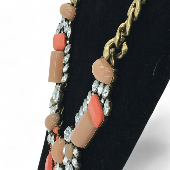 Statement Necklace Gold Tone Coral, Tan, and Rhinestone Bib Chunky Glam Jewelry - Picture 7 of 9